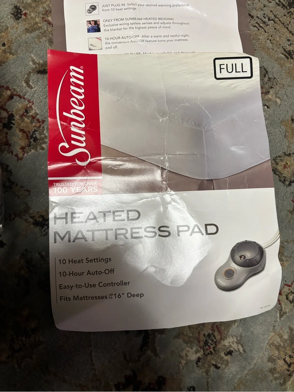 Sunbeam Full Size White Heated Mattress Pad with Gray Controller